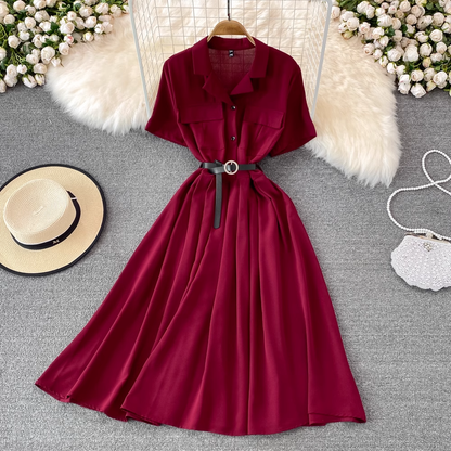 Summer Retro Chic Mid Length Suit Collar A-line Short Sleeves Dress 1451