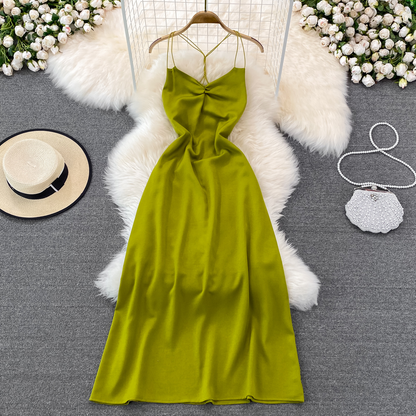 Green Retro Hanging Neck Backless Sleeveless Event  Dress Summer 1453