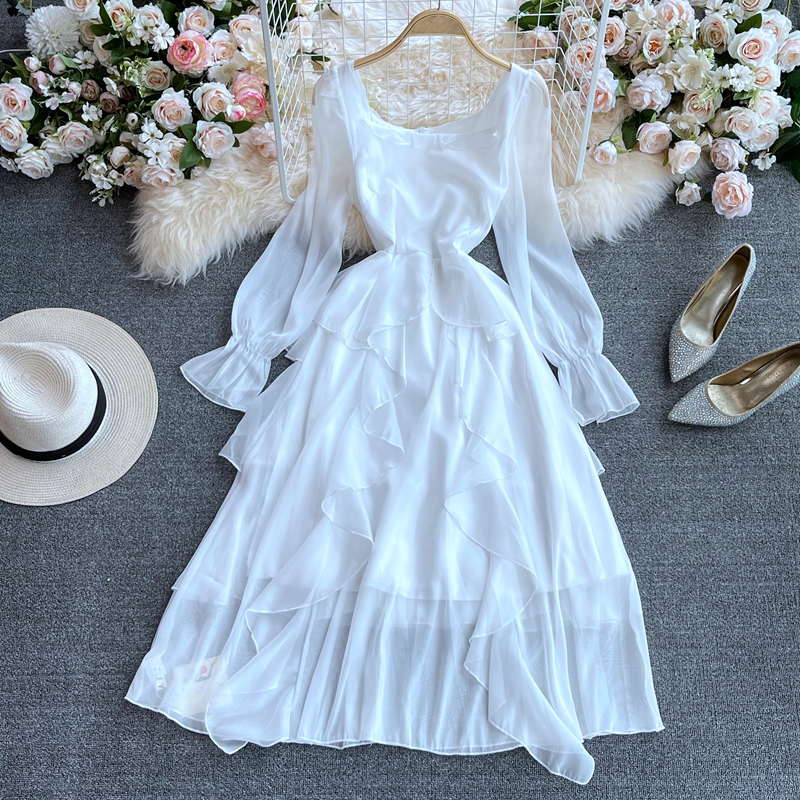 Autumn Elegant Fairy White Long Dress Long Sleeves Square Collar Ruffled Dress 1390