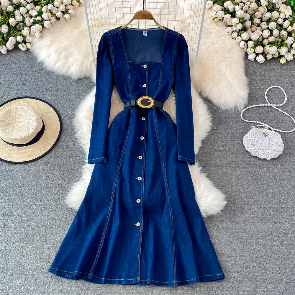 Spring and Autumn Square Neck Denim Dress with Long Sleeves 1446