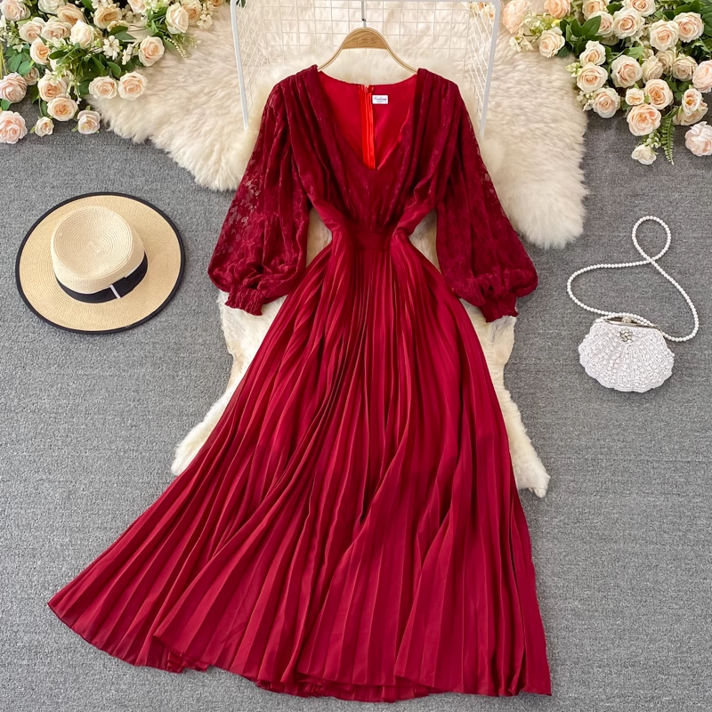 Autumn Long Sleeves V Neck Lace Pleated Dress 1401