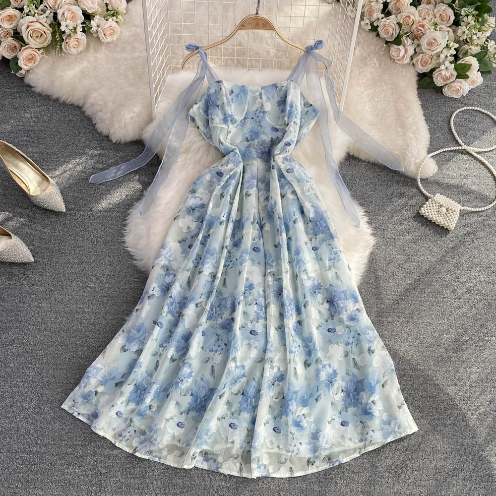 Floral Chiffon Fairy A line Dress Summer Sweet and Cute Long Dress 1462