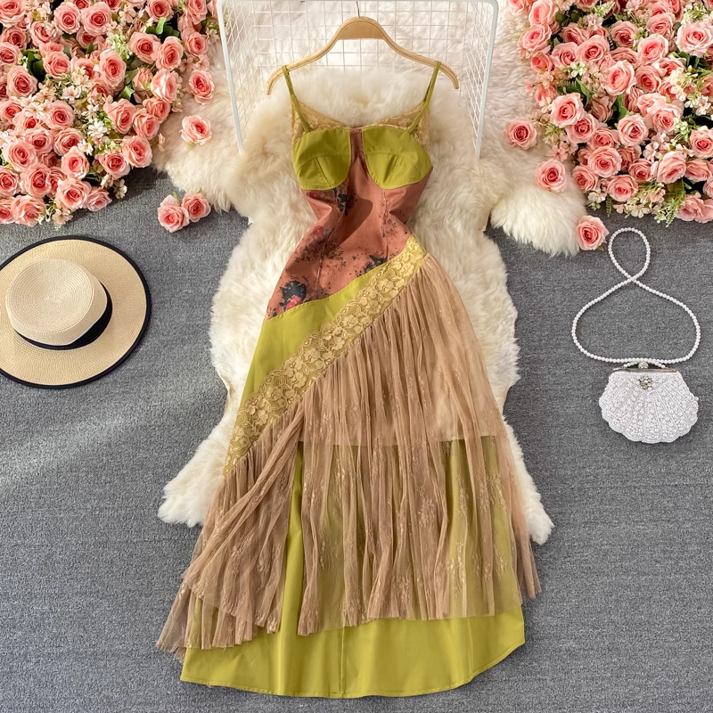 Retro Print Spaghetti Strap Skirt Summer Lace Dress 1362