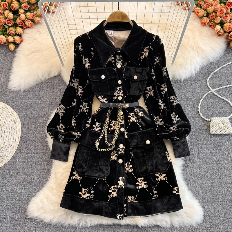 Autumn and Winter Cute Bear Printed Velvet Coat Dress 1416