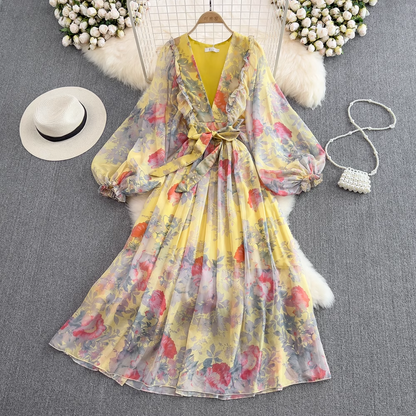 French Style Deep V Neck Floral Chiffon Dress Long Sleeves Long Dress 1530