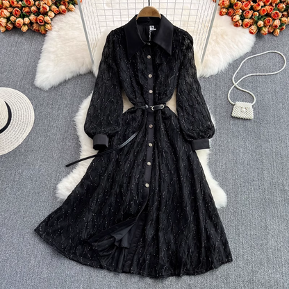 Spring and Autumn Black Long Sleeves Elegant Lace Dress 1441