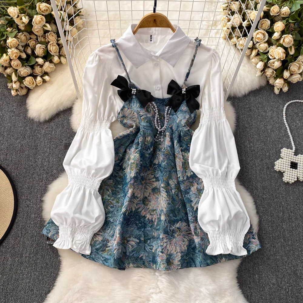 Summer Sweet Bowknot Long Sleeves A Line Dress White Shirt Two Pieces Set 1539