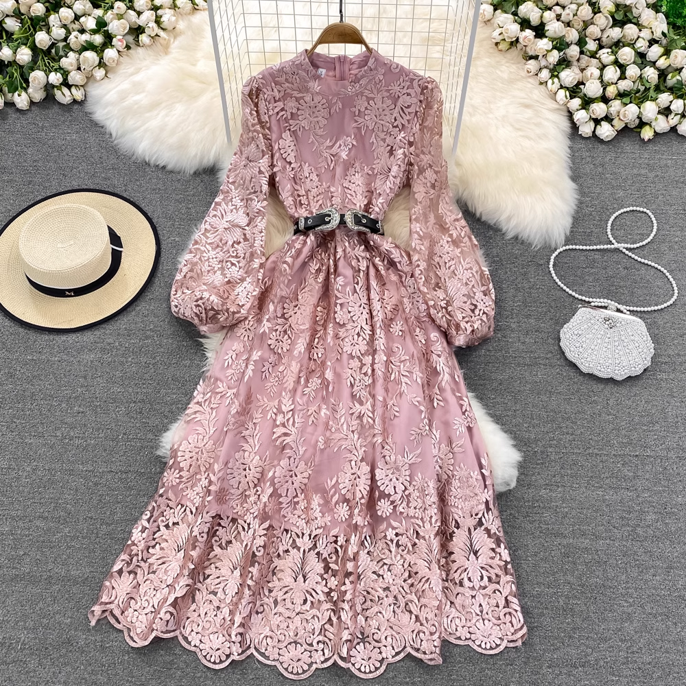 Long Sleeves  A Line Mesh Embroidery Lace Dress Long Skirt 1551