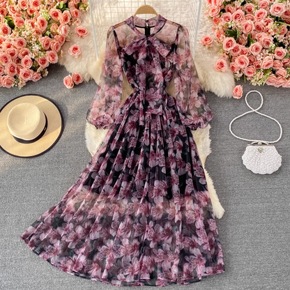 Printed A Line Long Dress Autumn Bow Collar Long Sleeves Floral Dress 1364