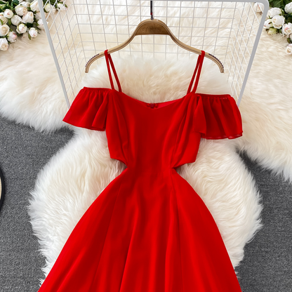 Red Strapless Chiffon Dress with Thin Shoulders 1442