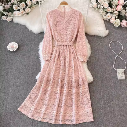 Spring and Autumn Korean Style Chic Lace Long Sleeved Stand Collar Dress 1418