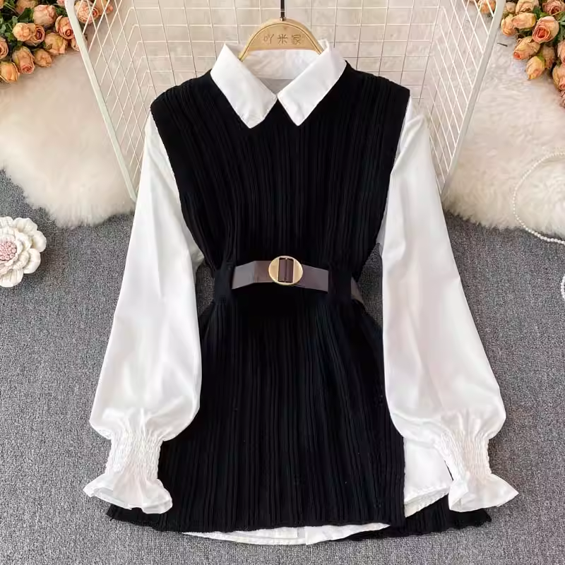 Spring and Autumn Korean Style Casual White Shirt  Knitted Vest  Two Pieces Set 1509
