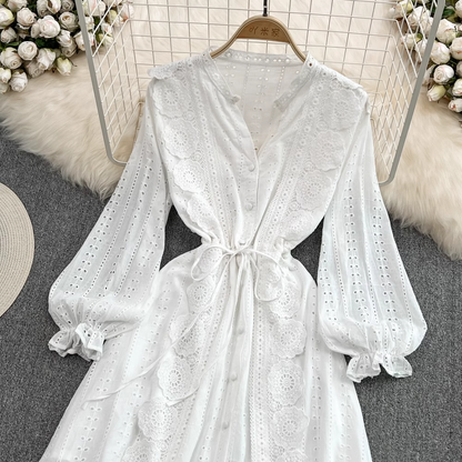 Fairy White V Neck Hollow Elegant Dress 1562