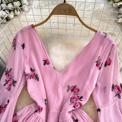 Spring and Summer V Neck Embroidered Flower Fluffy Sleeves A Line Short Dress 1504