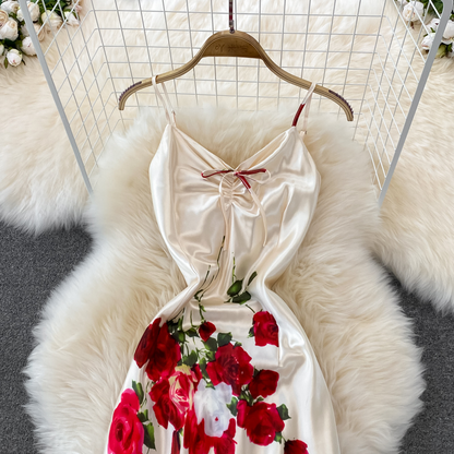 Summer Spaghetti Strap Satin Floral Dress Evening Dress Skirt 1429