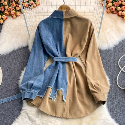 Denim Stitching Dress Autumn and Winter Korean Style Irregular Mid Length Shirt 1407