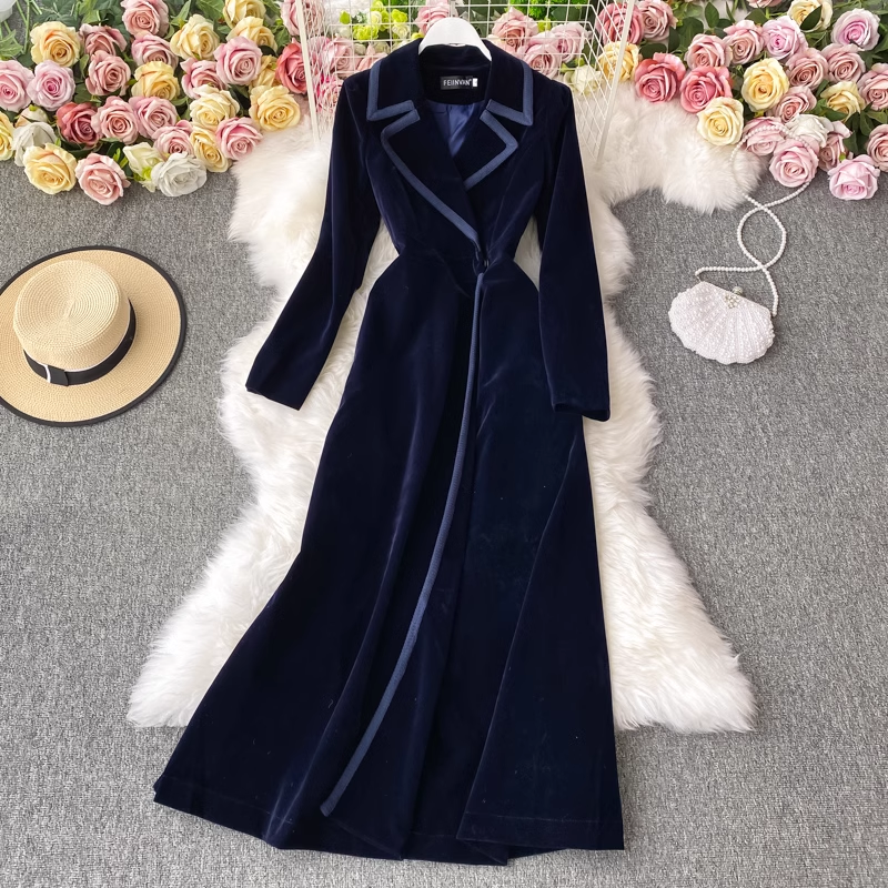 Women  Autumn and Winter Velvet Suit Collar Long Dress Long Coat 1523
