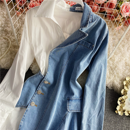 Spring Irregular Denim Stitching Long Sleeves Shirt Dress Polo Skirt Suit Shirt Skirt 1473