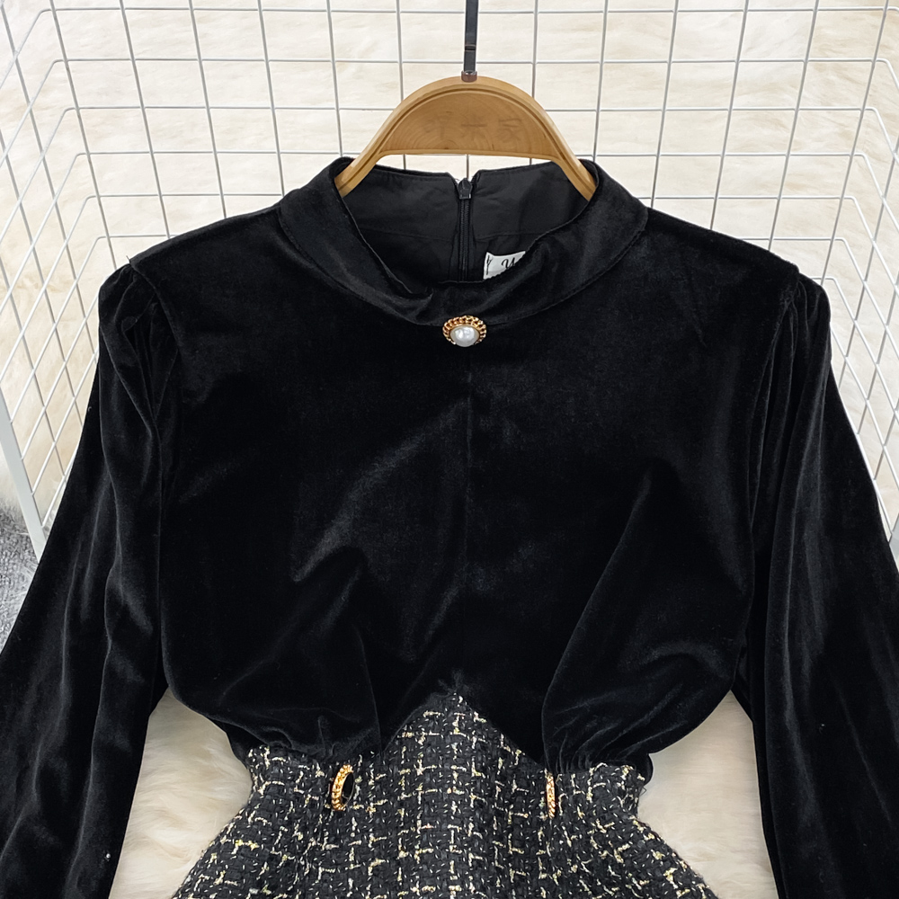 Autumn Retro Velvet Long Sleeves Elegant A Line Short Dress 1516