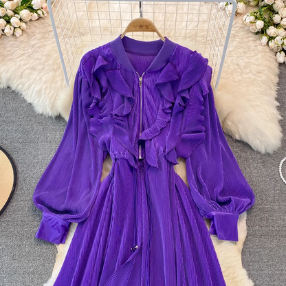 Vintage V Neck Ruffled Pleated Dress Fashion Mid Length Cardigan Jacket 1406