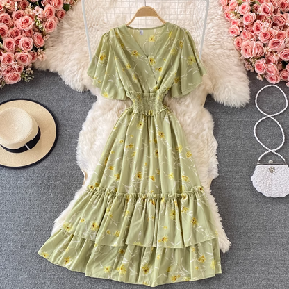 V Neck Floral Chiffon Dress Summer Fairy Big Swing Dress 1351