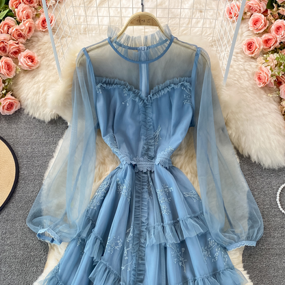 Fairy Long Sleeves Tulle Dress Autumn Sweet Layered Long Ruffles Skirt  1399