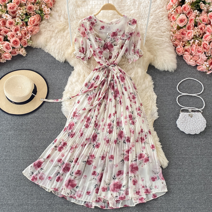 Summer V Neck Chiffon Long Pleated Floral Dress 1348