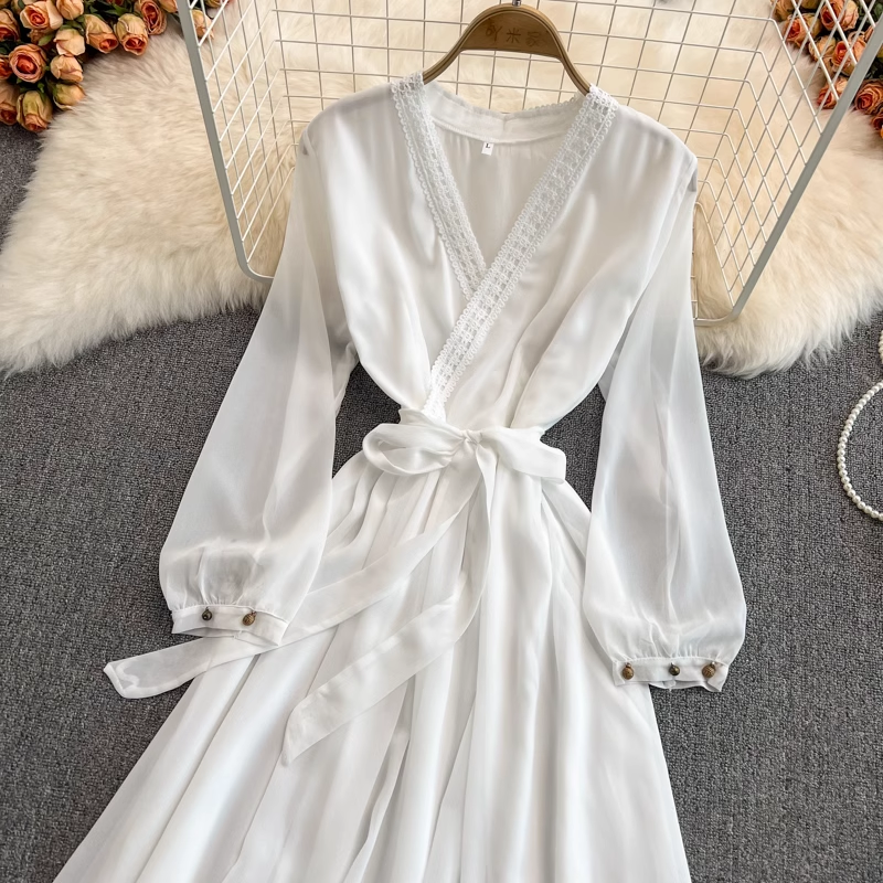 Spring and Autumn V Neck White Chiffon Long Sleeves Dress Elegant Dress 1535