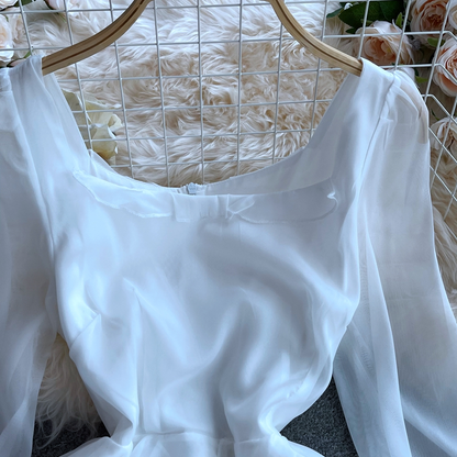 Autumn Elegant Fairy White Long Dress Long Sleeves Square Collar Ruffled Dress 1390