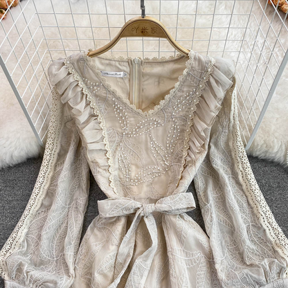 Spring Retro Ruffled V Neck Long Sleeves Beaded Lace Dress 1456