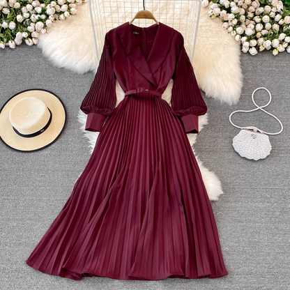 Spring Vintage Pleated V Neck Dress Long Sleeves Autumn Long Dress 1458