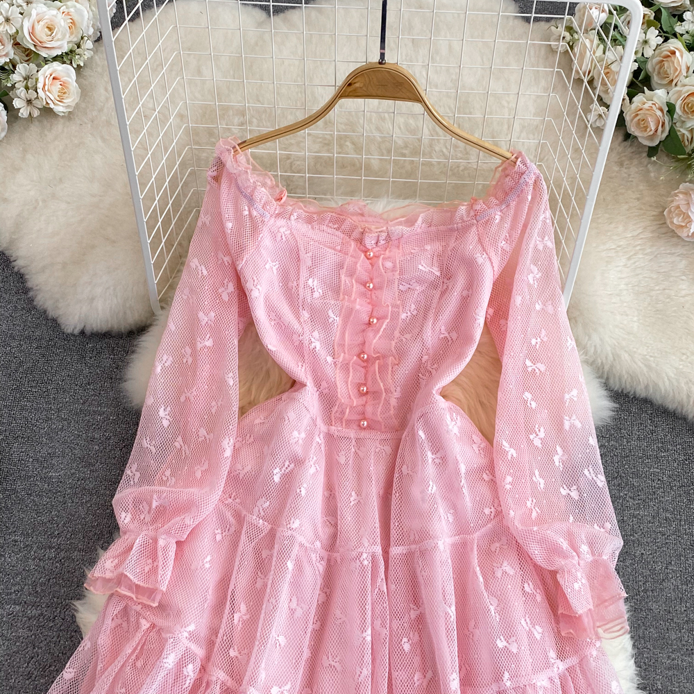 Pink Sweet Fairy Square Neck A Line Mesh Princess Dress 1510