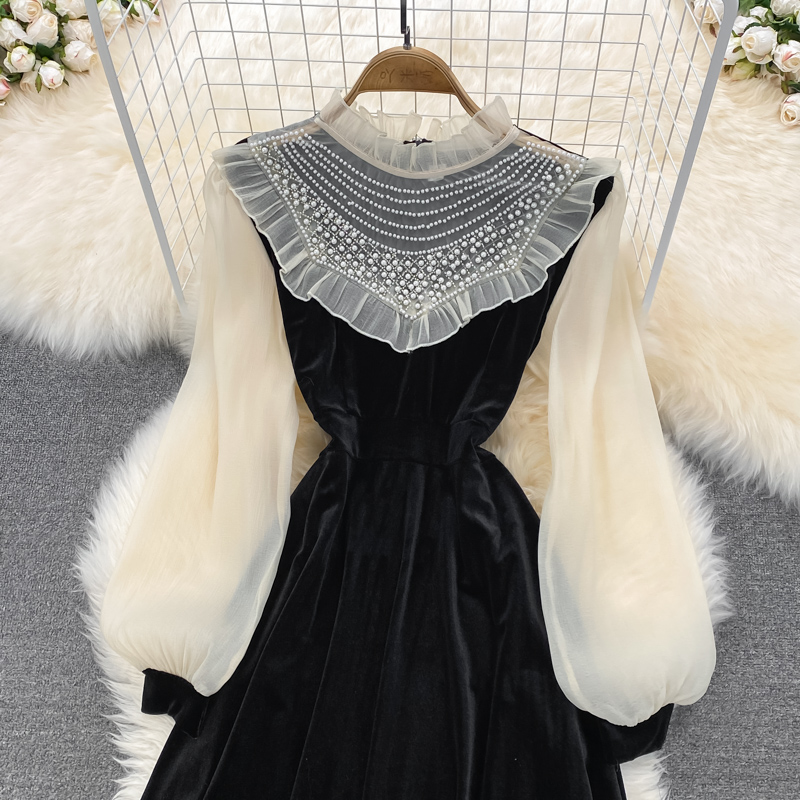 Beaded Ruffled Mesh Stitching Velvet Mid Length Dress 1428