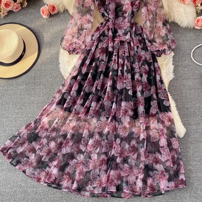 Printed A Line Long Dress Autumn Bow Collar Long Sleeves Floral Dress 1364