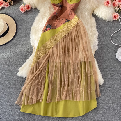 Retro Print Spaghetti Strap Skirt Summer Lace Dress 1362