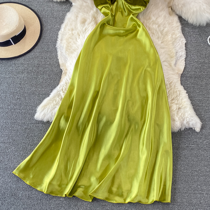 Green Satin Spaghetti Strap Evening Dress Summer Sexy Dress 1392