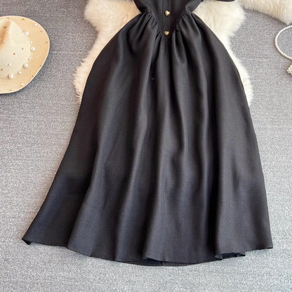 Summer Black Retro Short Sleeves Round Neck A Line Dress 1496