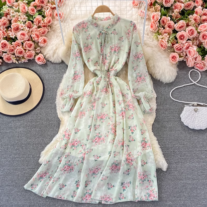 Spring and Autumn Floral Ruffled Dress Chiffon Long Dress 1529