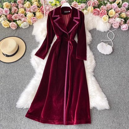 Women  Autumn and Winter Velvet Suit Collar Long Dress Long Coat 1523