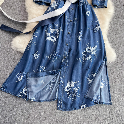 Spring and Autumn Printed Denim Mid Length Dress 1422