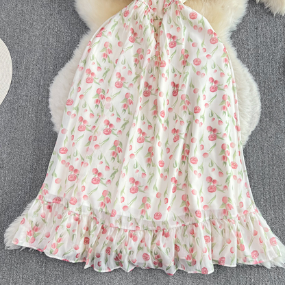 Summer Sweet Square Collar Mid Length Flora A Line Chiffon Dress for Girl 1475