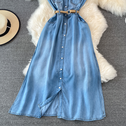 Summer Retro Sleeveless Denim Dress A Line Shirt Long Skirt 1459
