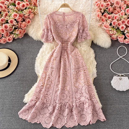 Summer Round Neck Hollow Lace Dress Elegant Big Swing Long Skirt 1357