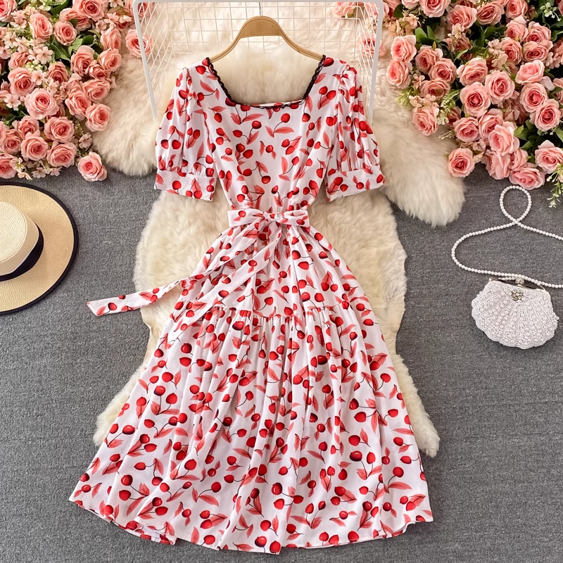 Summer Chic Sweet Skirt Square Collar Lace Floral Dress 1384