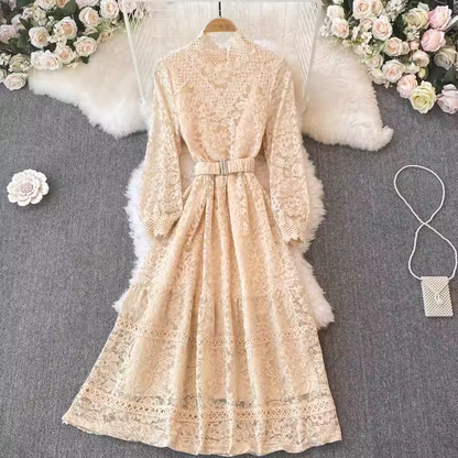 Spring and Autumn Korean Style Chic Lace Long Sleeved Stand Collar Dress 1418