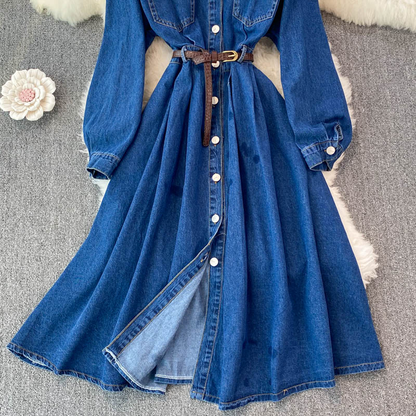 Spring and Autumn Retro Denim Skirt Mid Length Dress 1411