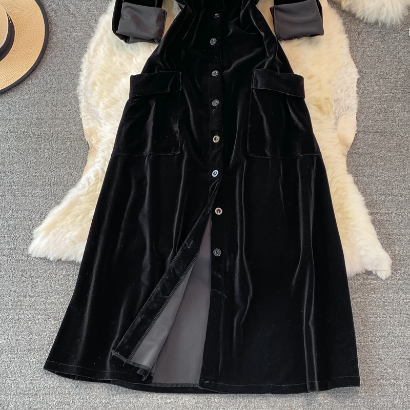 Retro Velvet Cardigan Dress Autumn and Winter Fashion Long Skirt Jacket 1403
