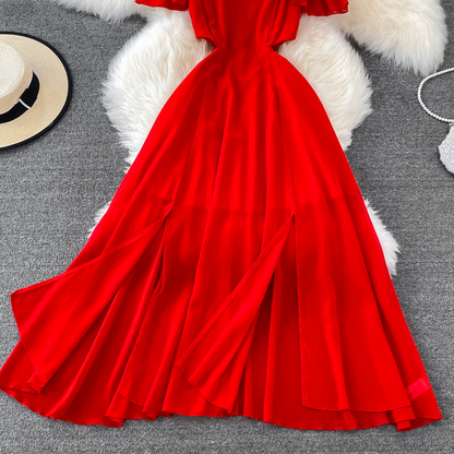 Red Strapless Chiffon Dress with Thin Shoulders 1442