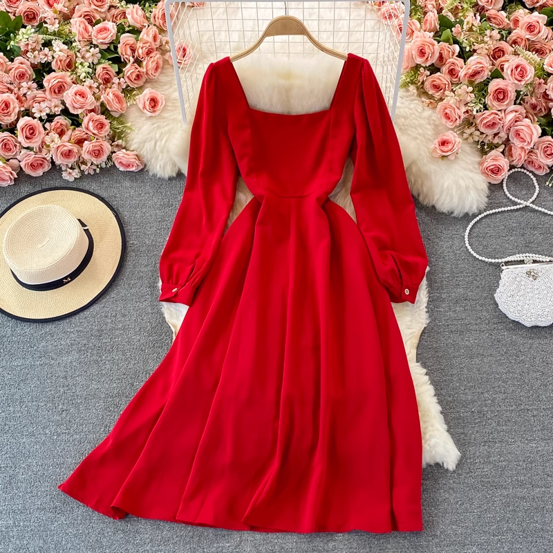 Autumn French Retro Long Dress Red Square Neck Dress 1372