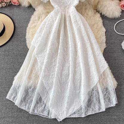 Summer Square Neck Fairy Dress Short Sleeve Sweet Long Skirt 1371